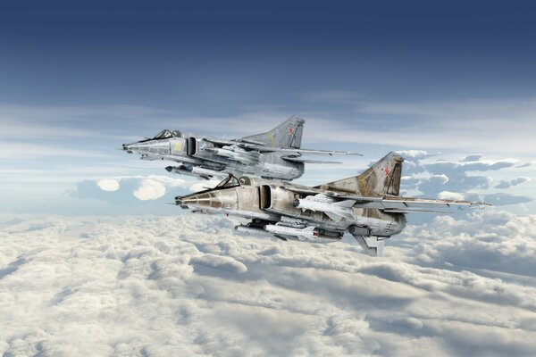 MIG27K fighters against the background of clouds looks cold and soulless