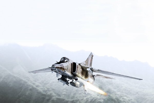 Mig 27 K in flight above the clouds