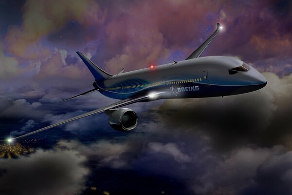 Пассажирский самолет в ночном небе над городом