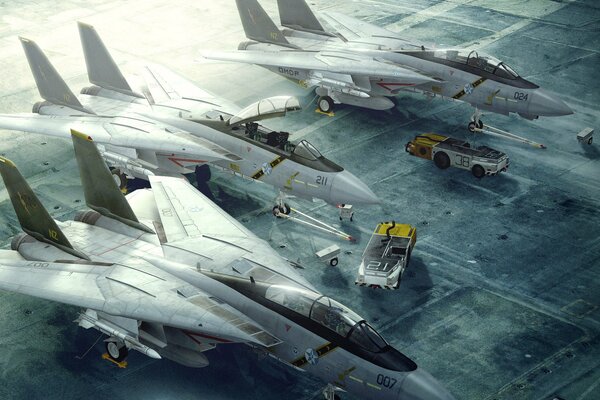 Hangar with new generation fighters and loaders