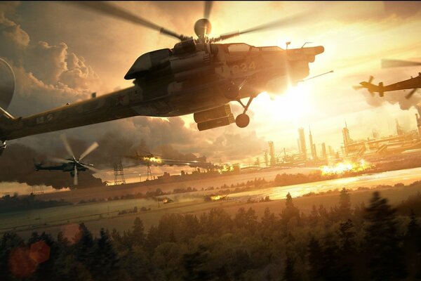 Śmigłowce wojskowe Mi - 8 latają nad miastem