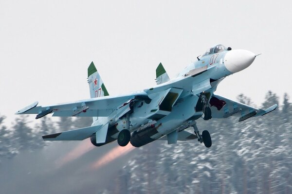 Start des Su-27-Kampfflugzeugs vor dem Hintergrund von Bäumen