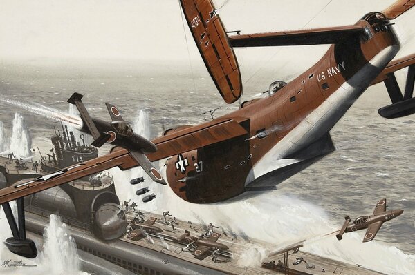 Landing of the aircraft on the deck of a submarine