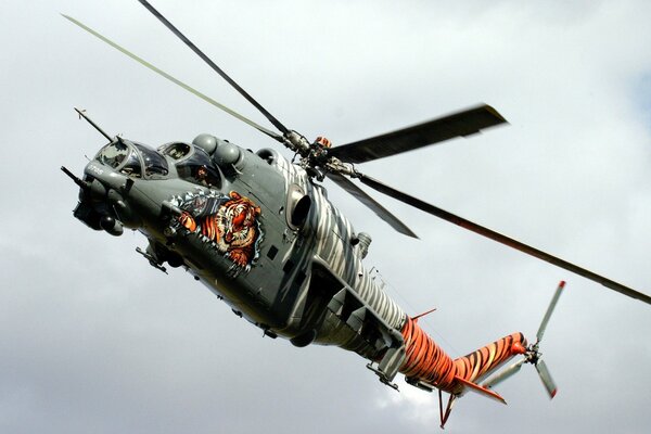 A tiger-colored helicopter with the image of a tiger in the sky