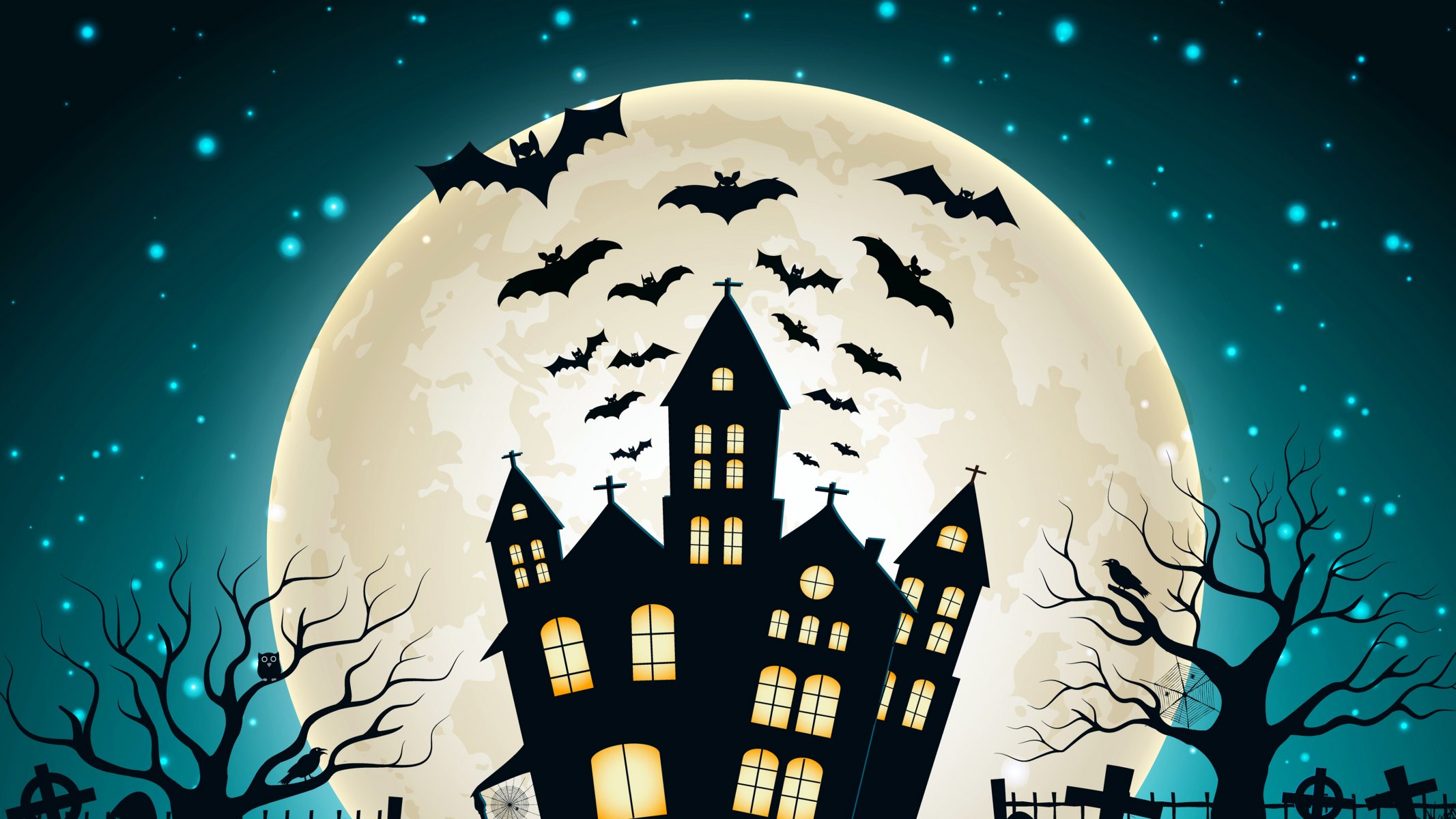 halloween chauves-souris lune château maison citrouilles