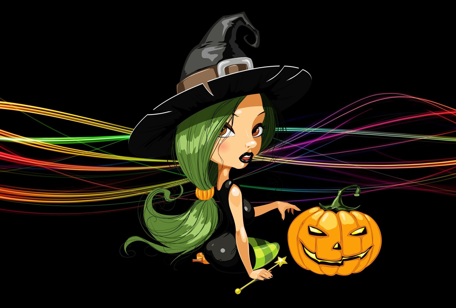 feliz halloween bruja sombrero sentado pelo verde líneas calabaza luz de jack fondo negro