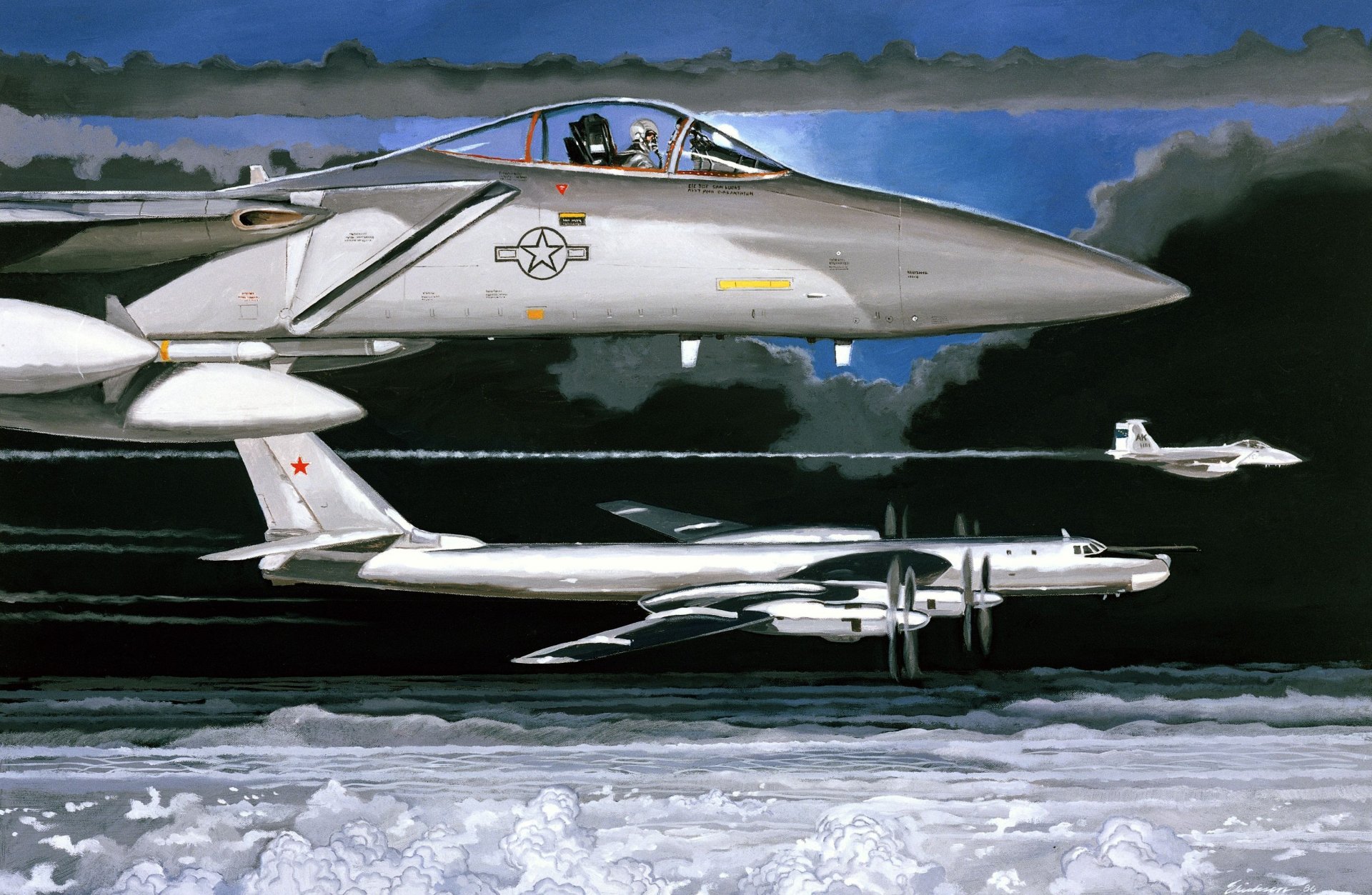 pintura dibujo aceite tu-95ms f-15 águila