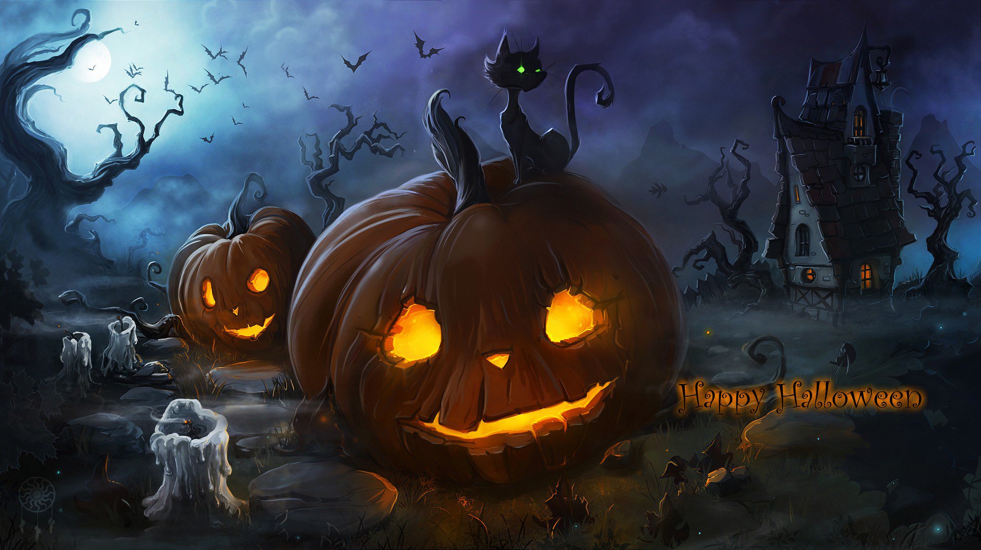 wallpapers from lolita777 halloween pumpkin burning cat candles house night fog fire moon bats holiday