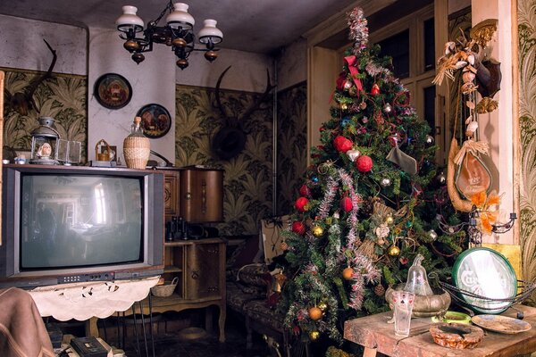 A decorated Christmas tree in front of the TV in the room