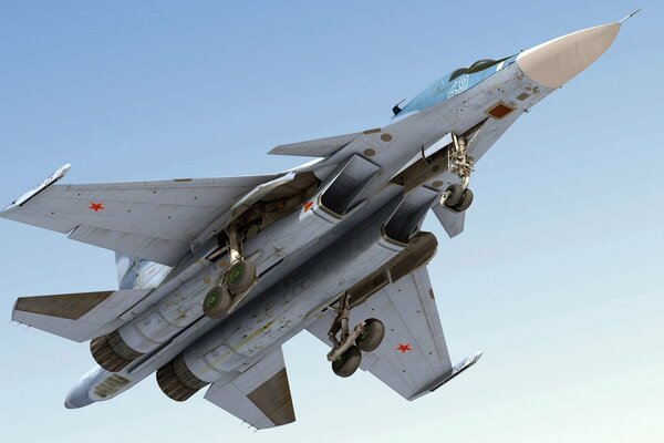 The SU-35 fighter is flying in the sky