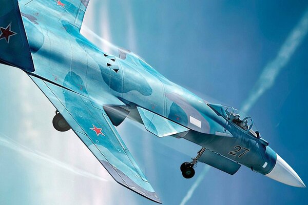 Russian fighter in blue camouflage in the air