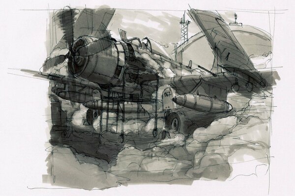 Sketch watercolor vintage airplane in the clouds