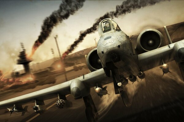 Avión de ataque a-10 en el fondo de un aeródromo en llamas de algún juego
