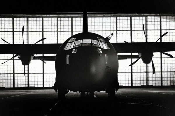 Imagen en blanco y negro de un avión con dos hélices