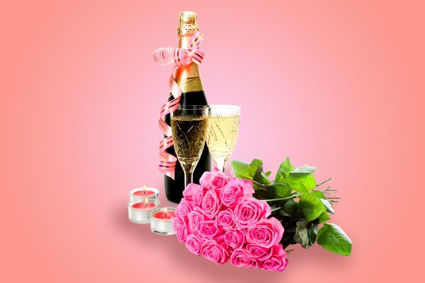 Immagine di congratulazioni con champagne, carte e candele