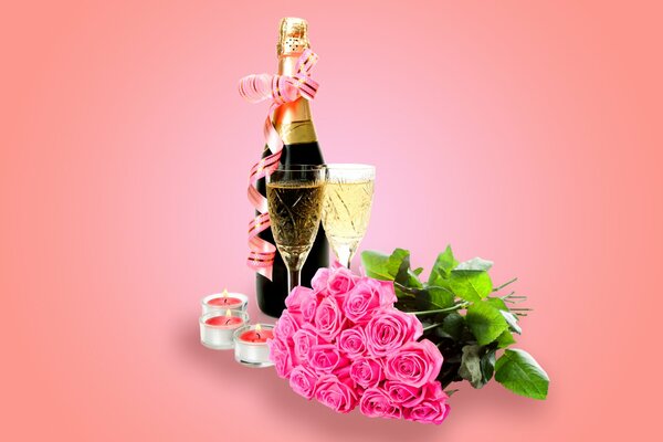 Поздравительная картинка с шампанским, картами и свечами