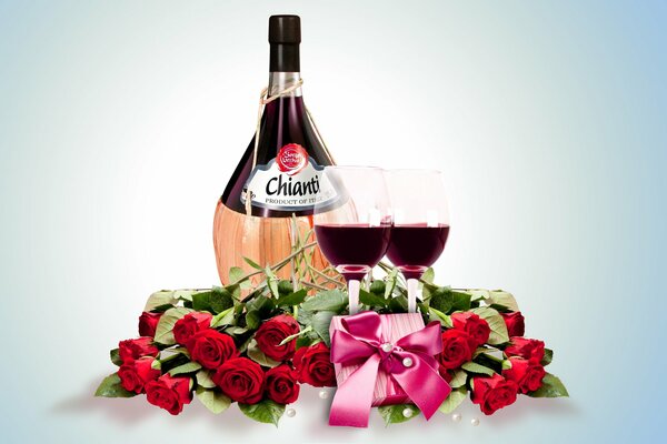 Red roses and vinos for two