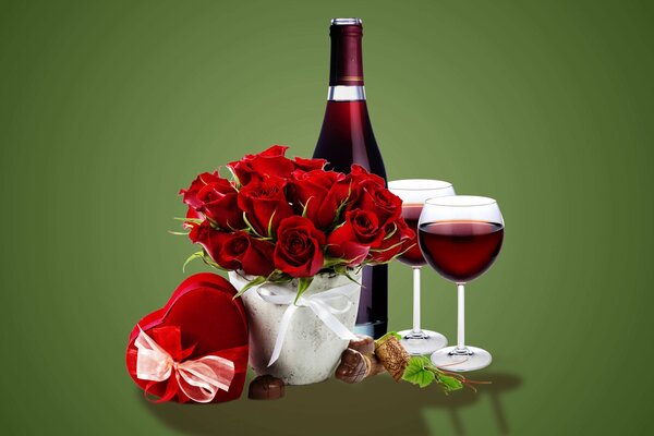 Romantic dinner, wine, gift in a box