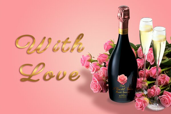 A bottle of champagne with two glasses and a bouquet of roses