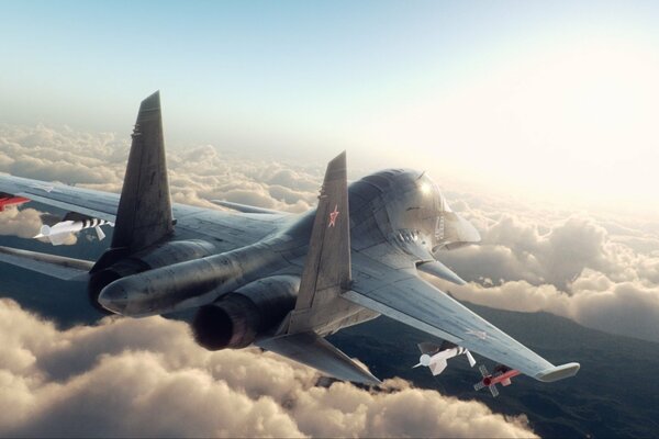 SU34 fighter in the clouds in sunny weather