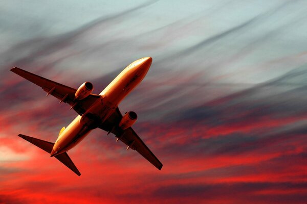 Volo di un aereo sullo sfondo di un tramonto bardico