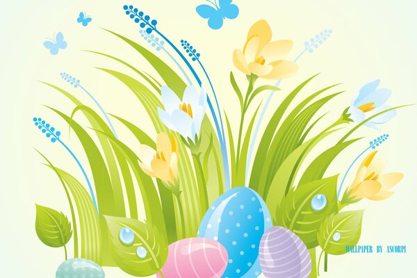 Весенняя открытка с подснежниками и разноцветными пасхальными яйцами