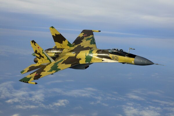 Military aircraft coloring on a background of blue sky and clouds