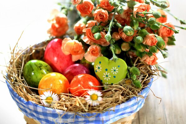 Panier de vacances avec des fleurs et des œufs