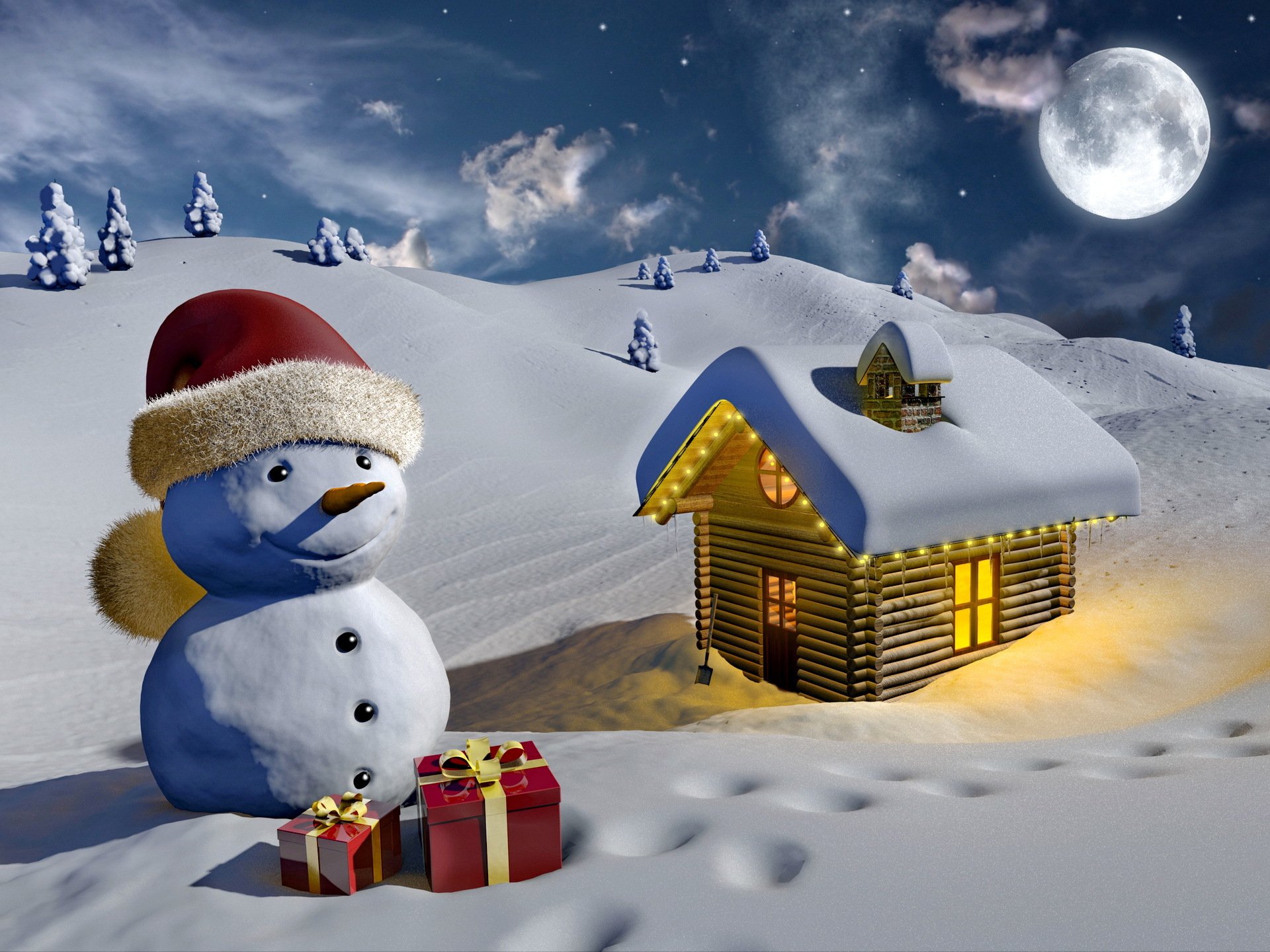 3d grafik schneemann winter schnee haus licht mond geschenke