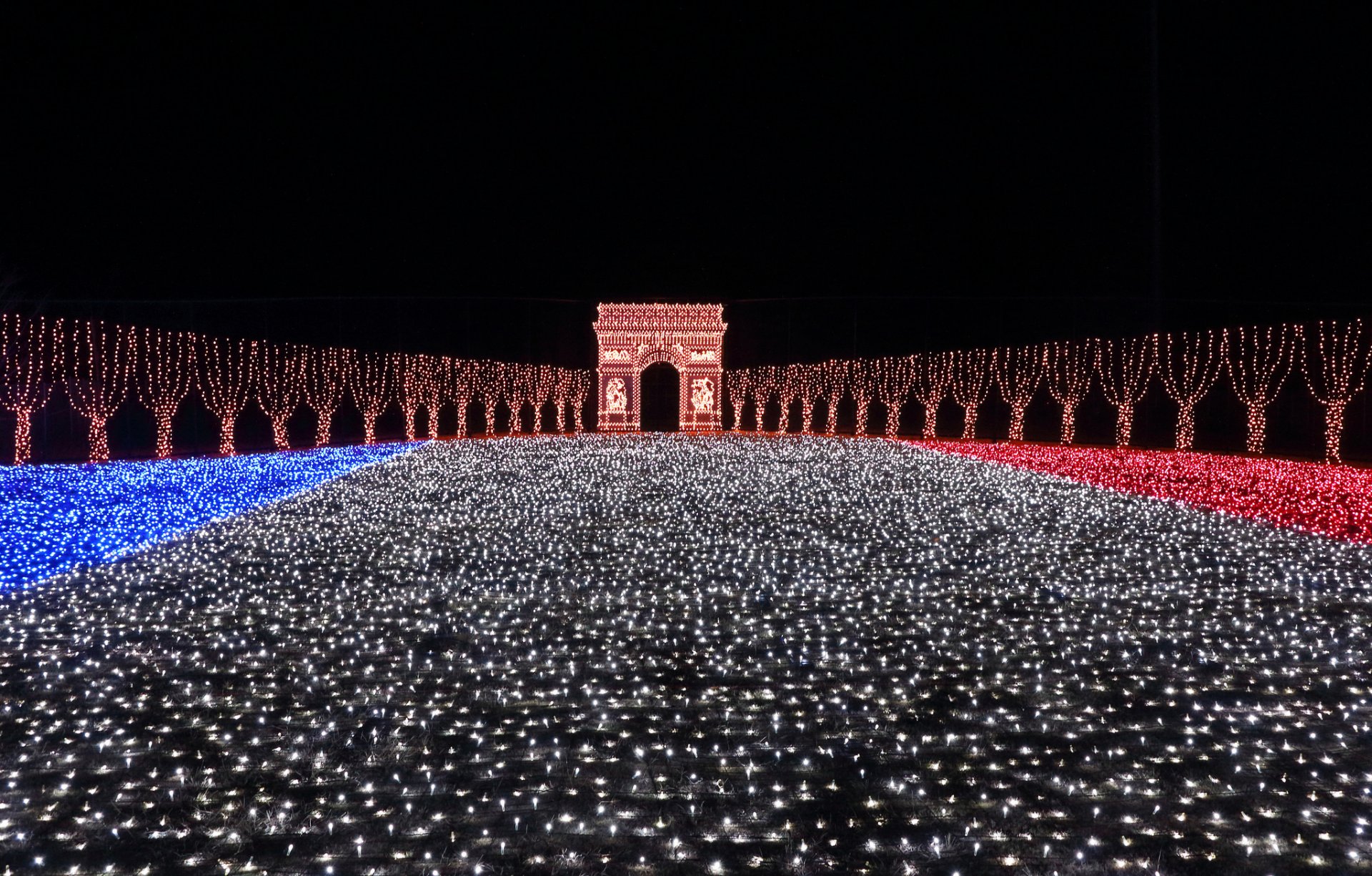 notte luci arco di trionfo alberi ghirlande