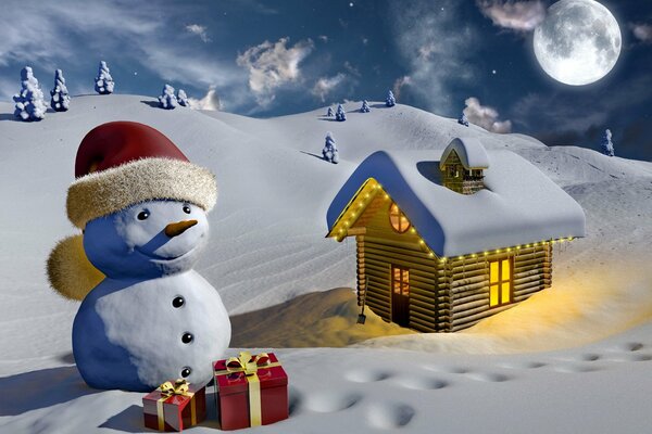 Bonhomme de neige avec des polarks, une maison avec une lumière brûlante, des collines enneigées avec des arbres de Noël et une énorme lune