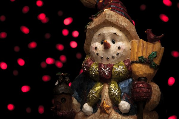 A snowman dressed in a fur coat with a bouquet