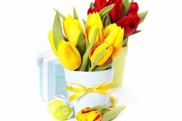 Easter bouquets of yellow and red tulips