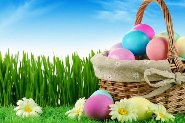 A basket of Easter eggs on the lawn