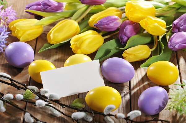 Easter eggs tulips and willow