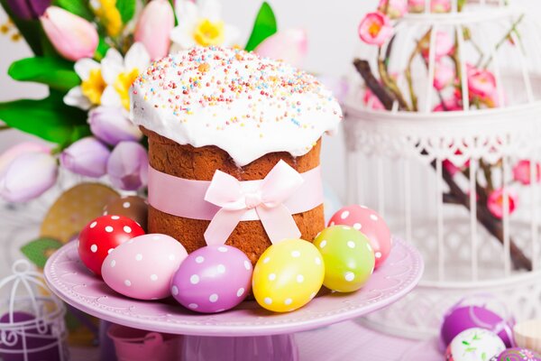 Decorations for Easter. Set:eggs, cake with icing