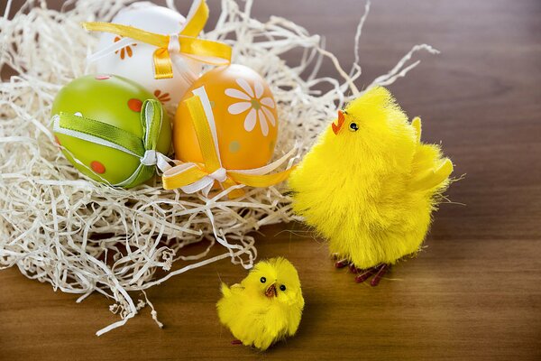 Poussins à Pâques avec des œufs