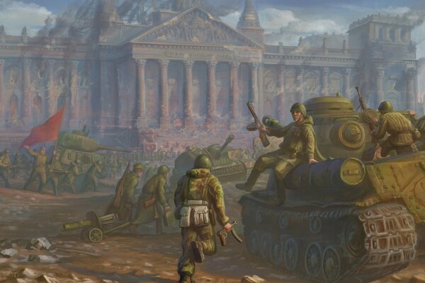 Żołnierze radzieccy piesi i czołgi zdobycie Berlina