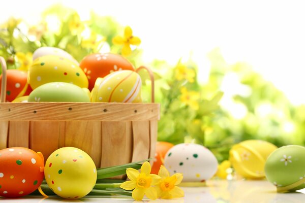 Easter eggs in a wooden basket