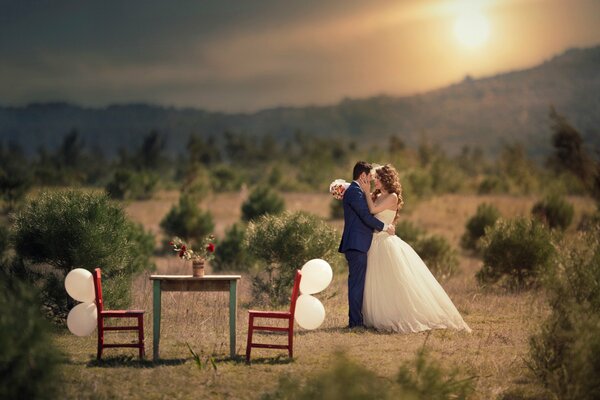 Wedding photo shoot for newlyweds. A wedding is the most important event of two people in love. The bride and groom are beautiful and happy to be photographed