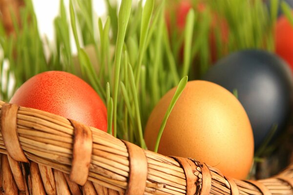 A basket with colorful eggs in it