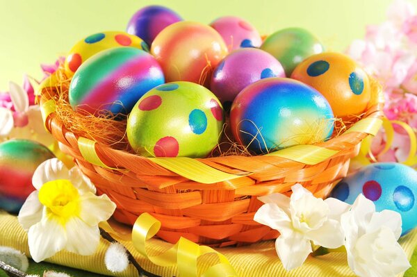 Eggs in a basket next to flowers