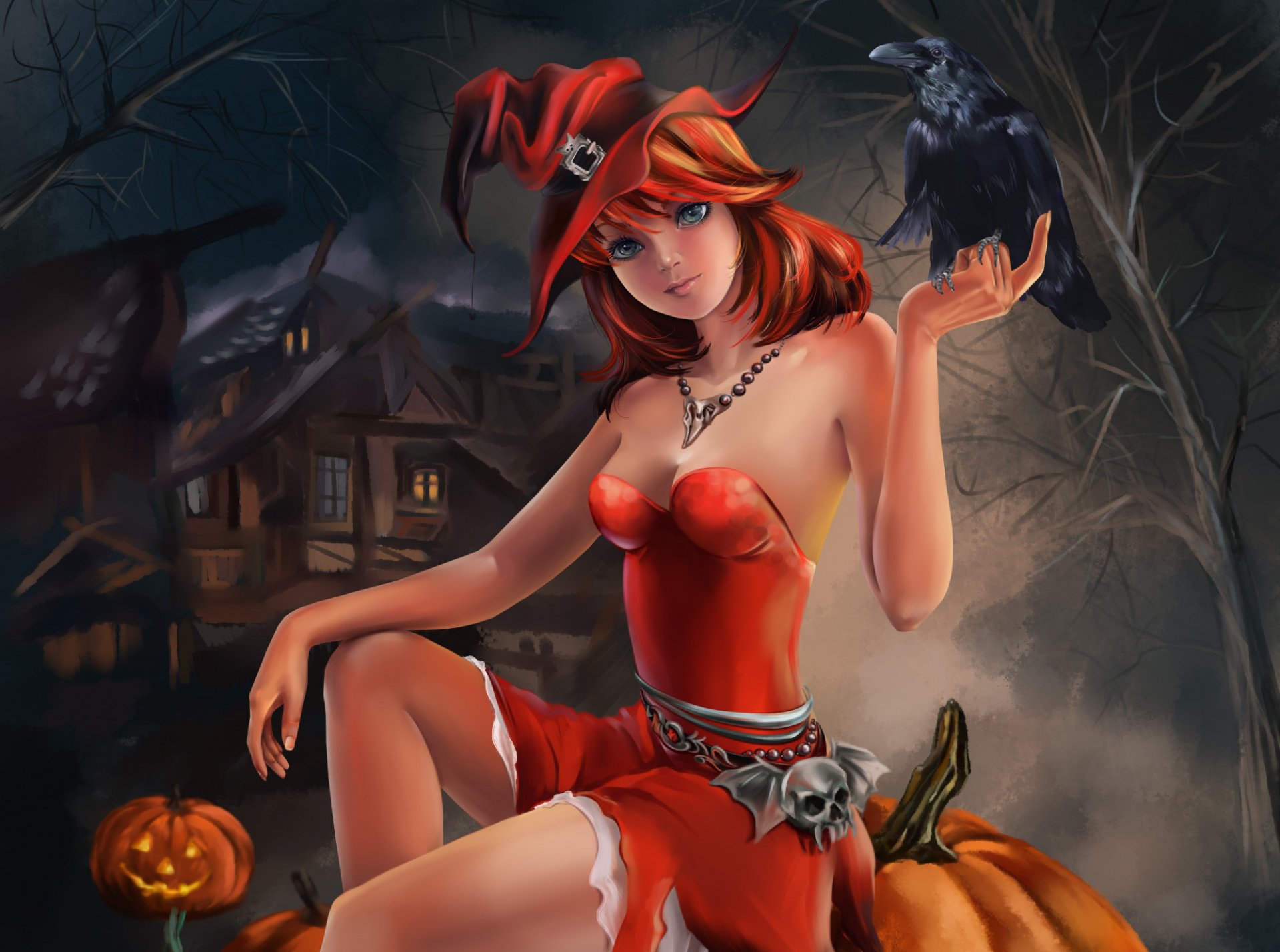 halloween wakacje dziewczyna siedzi dynia kruk