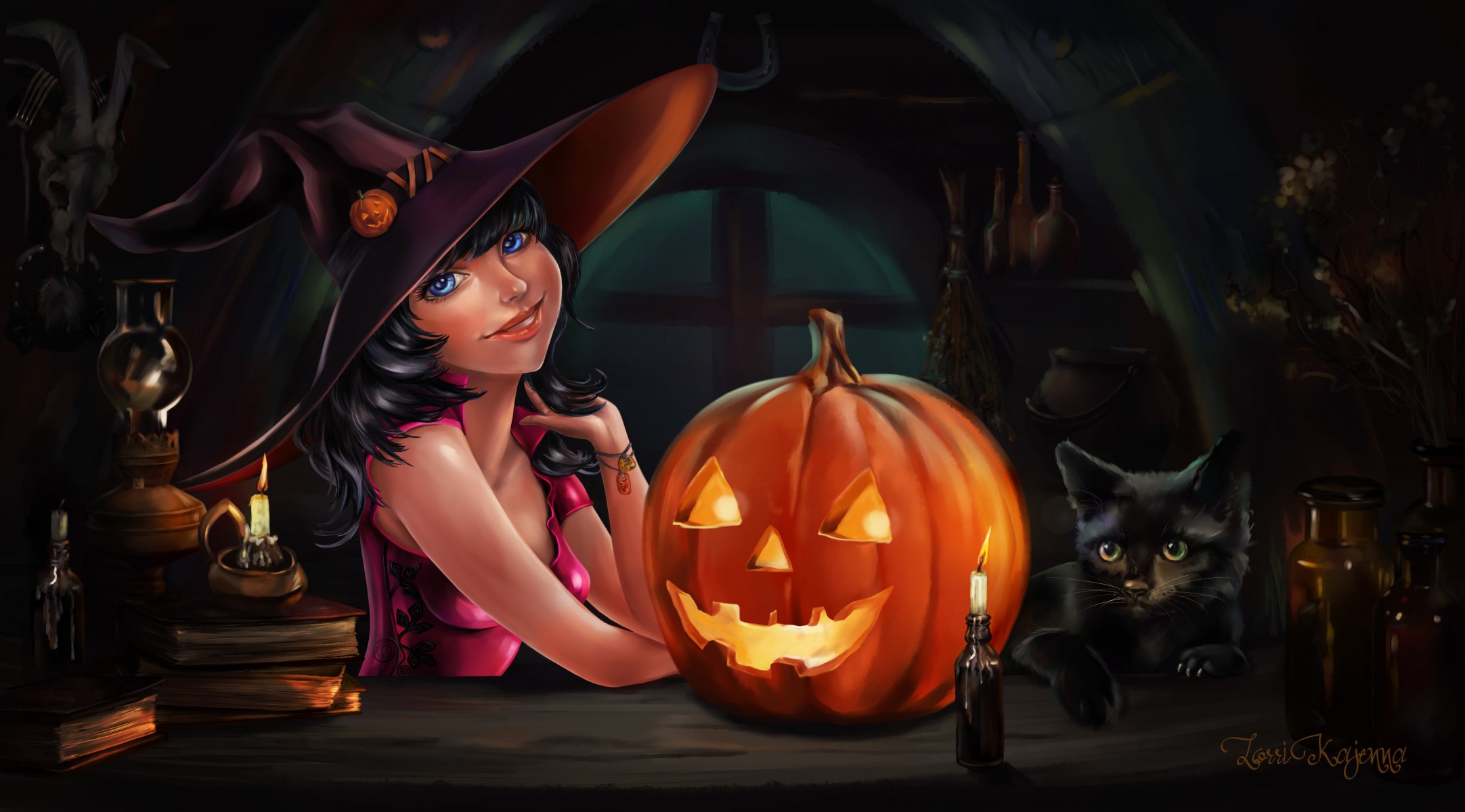 strega halloween vacanza arte ragazza gatto nero zucca
