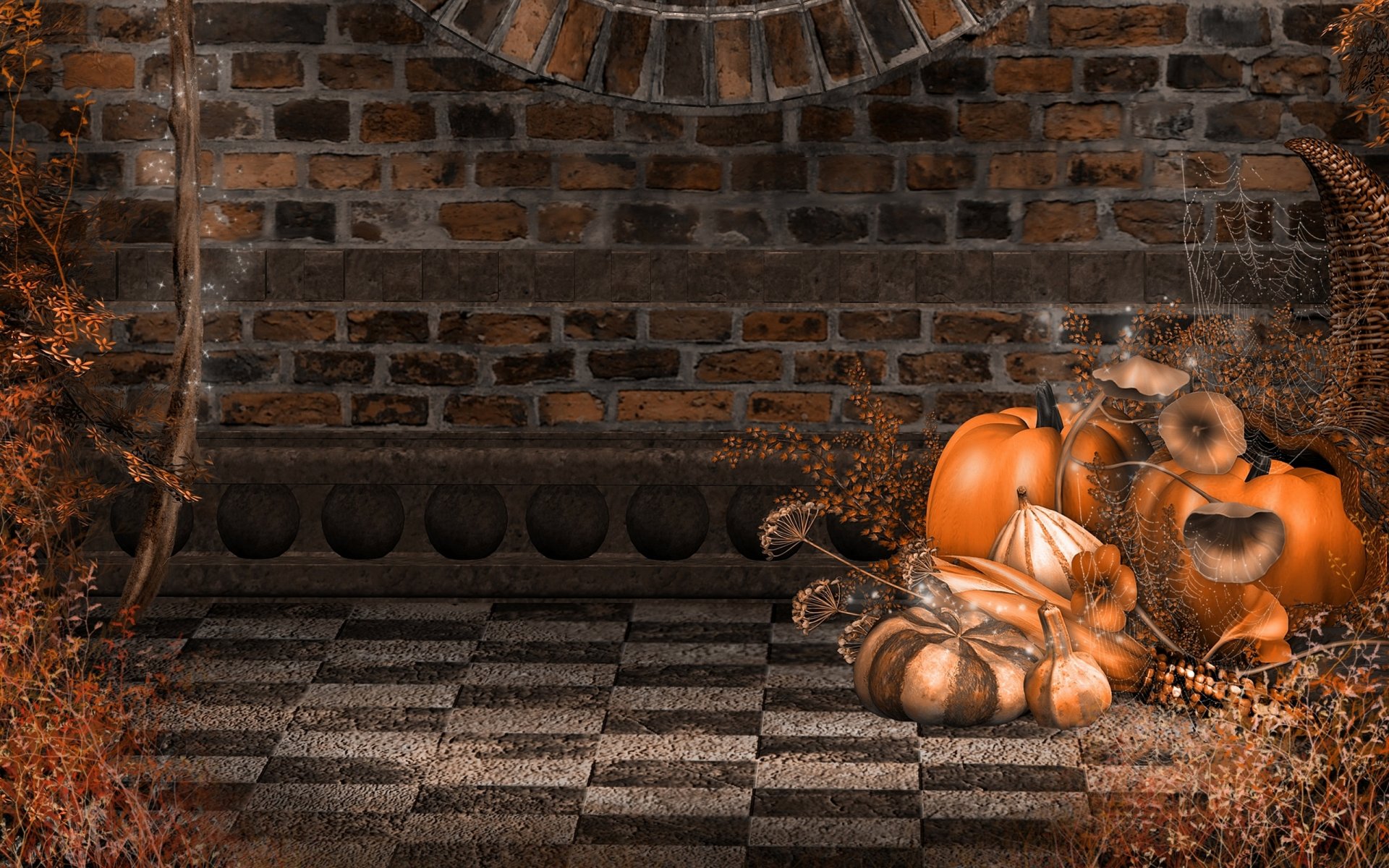 halloween giorno tutti i santi all hallows eve 31 ottobre vacanze autunno zucche jack-o-lantern muro mattone ragnatela svassi ognissanti vigilia di ognissanti festa 31 ottobre mattoni
