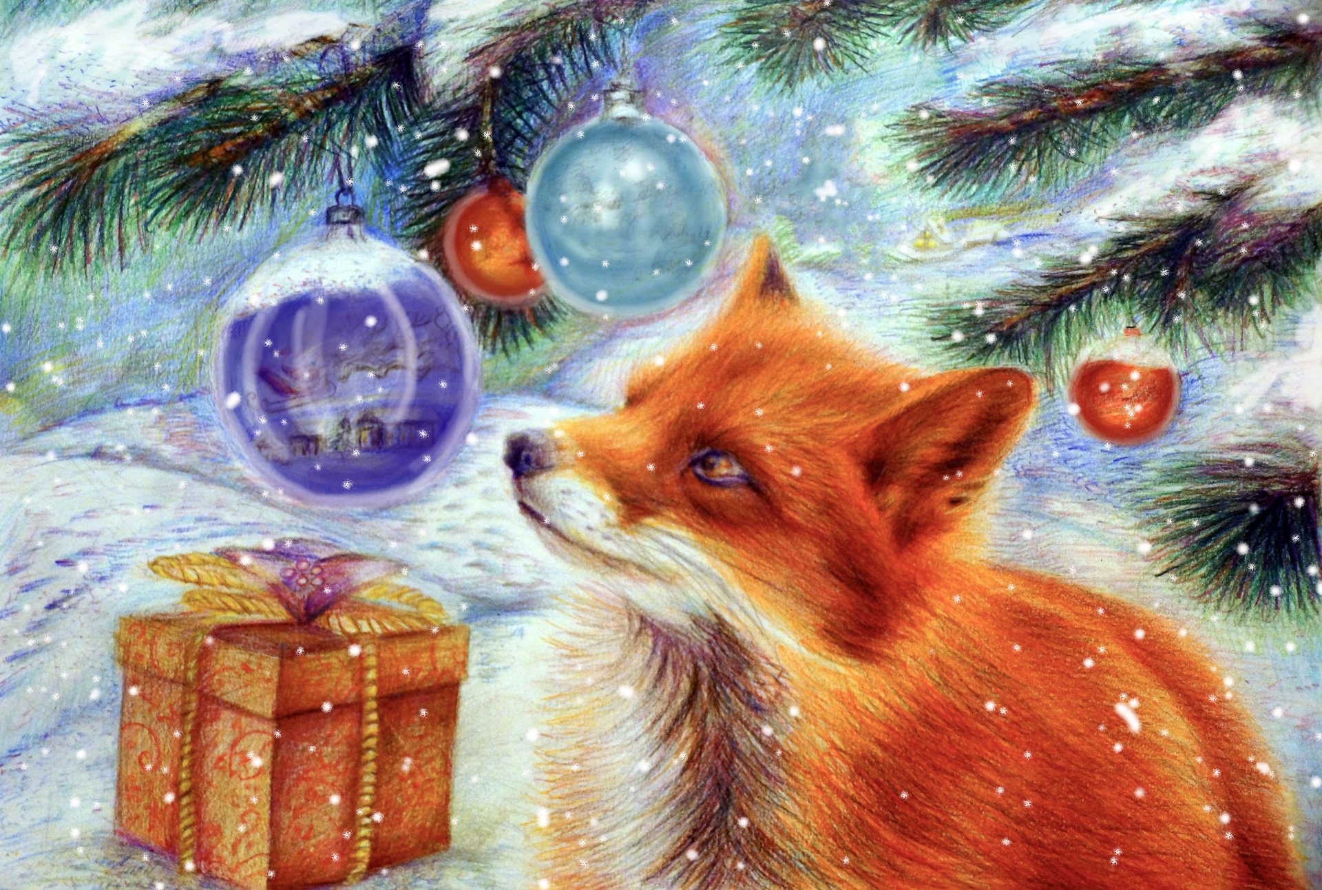 nouvel an renard arbre de noël neige cadeau jouet art vacances hiver