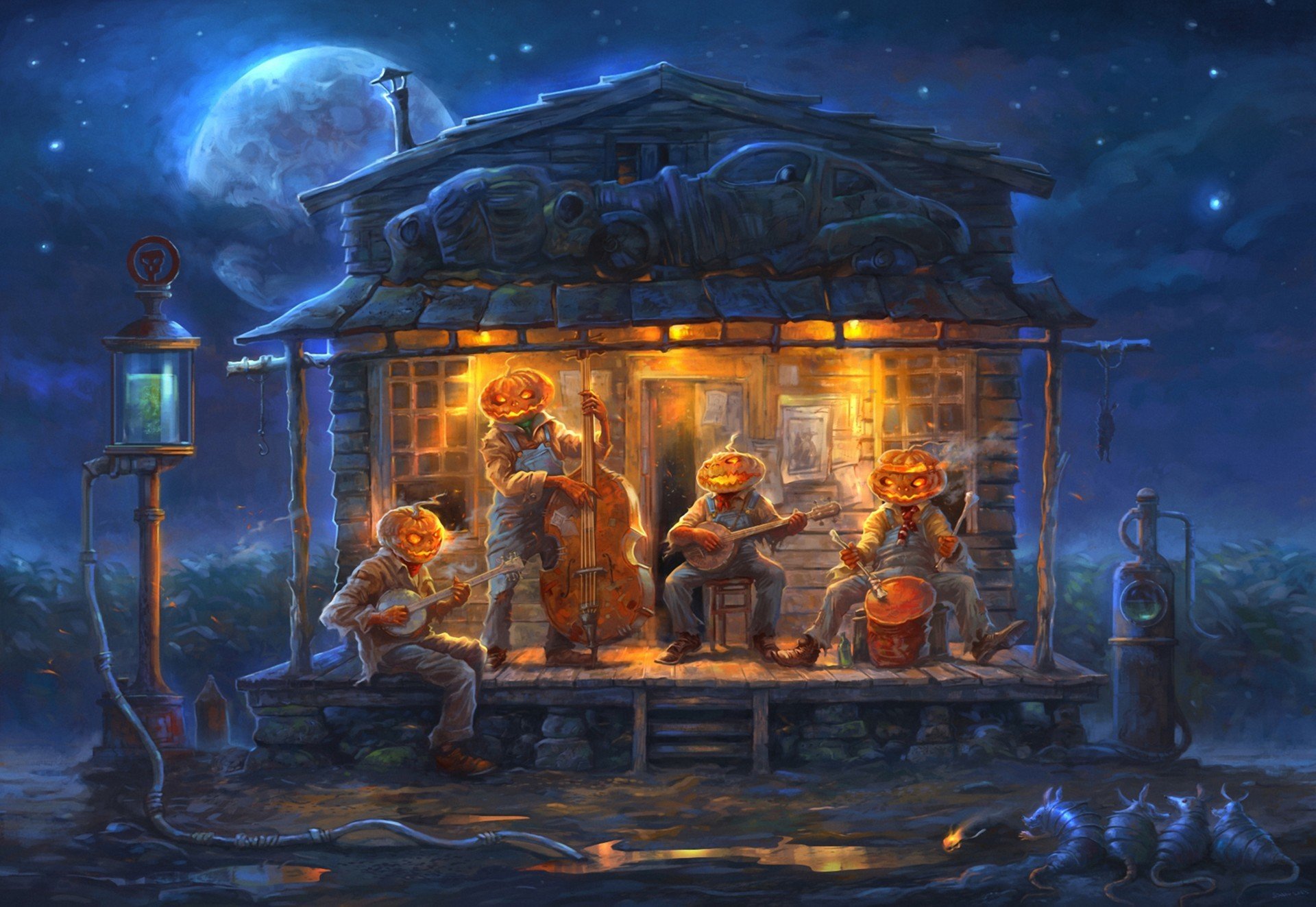 art halloween citrouilles nuit orchestre maison lune rats