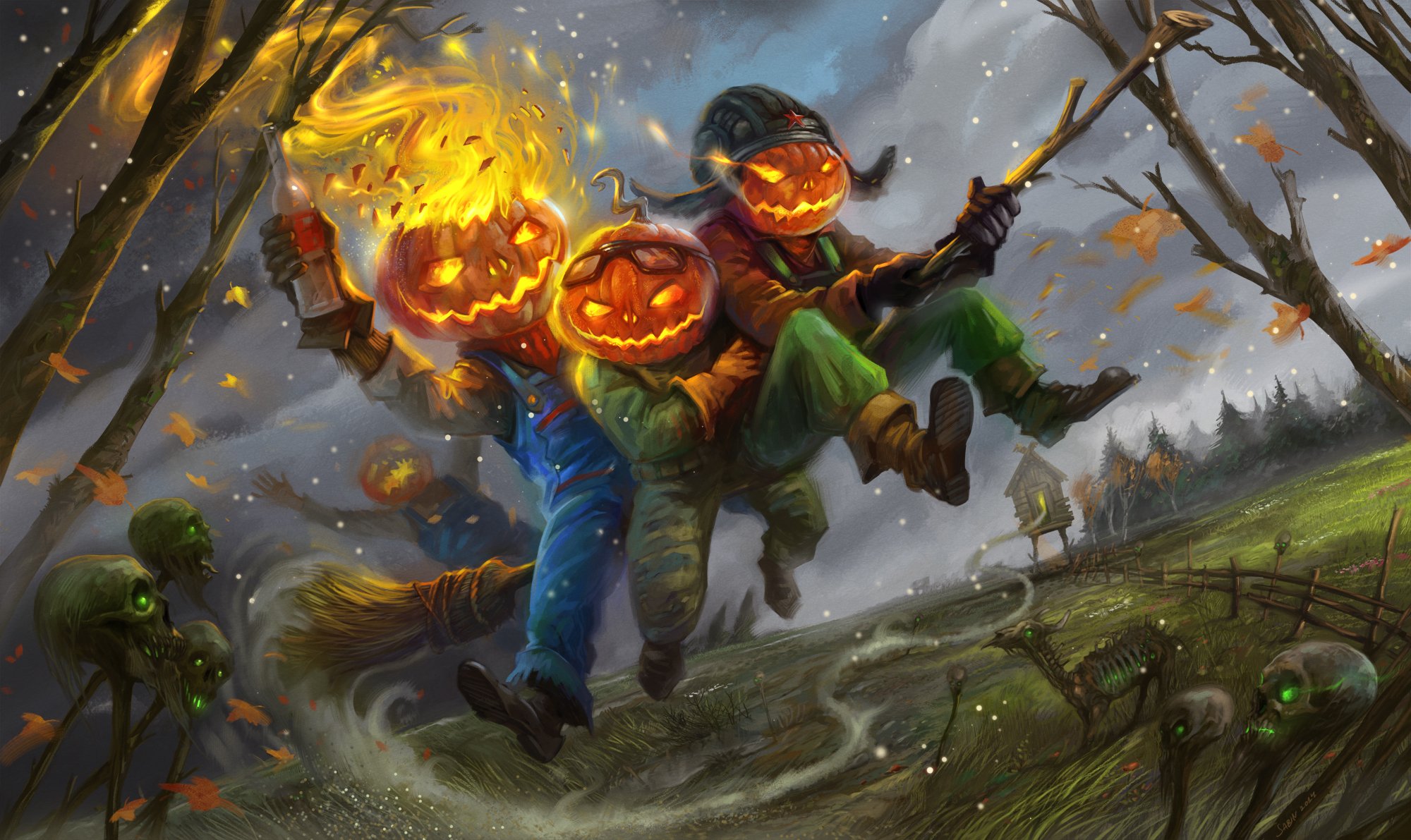 halloween art holiday pumpkin broom fire skull