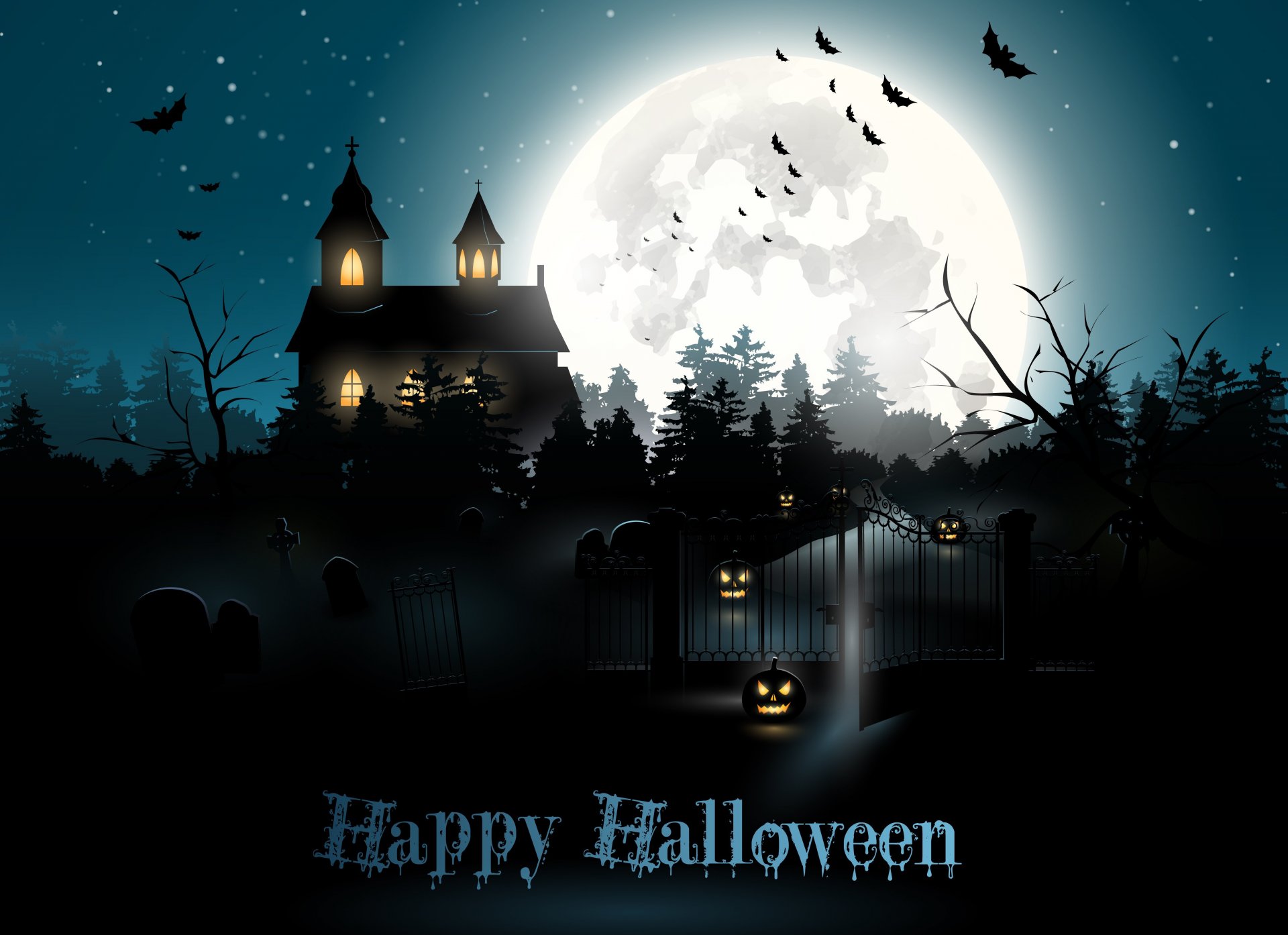 vacances halloween nuit lune citrouilles maison lumière chauves-souris