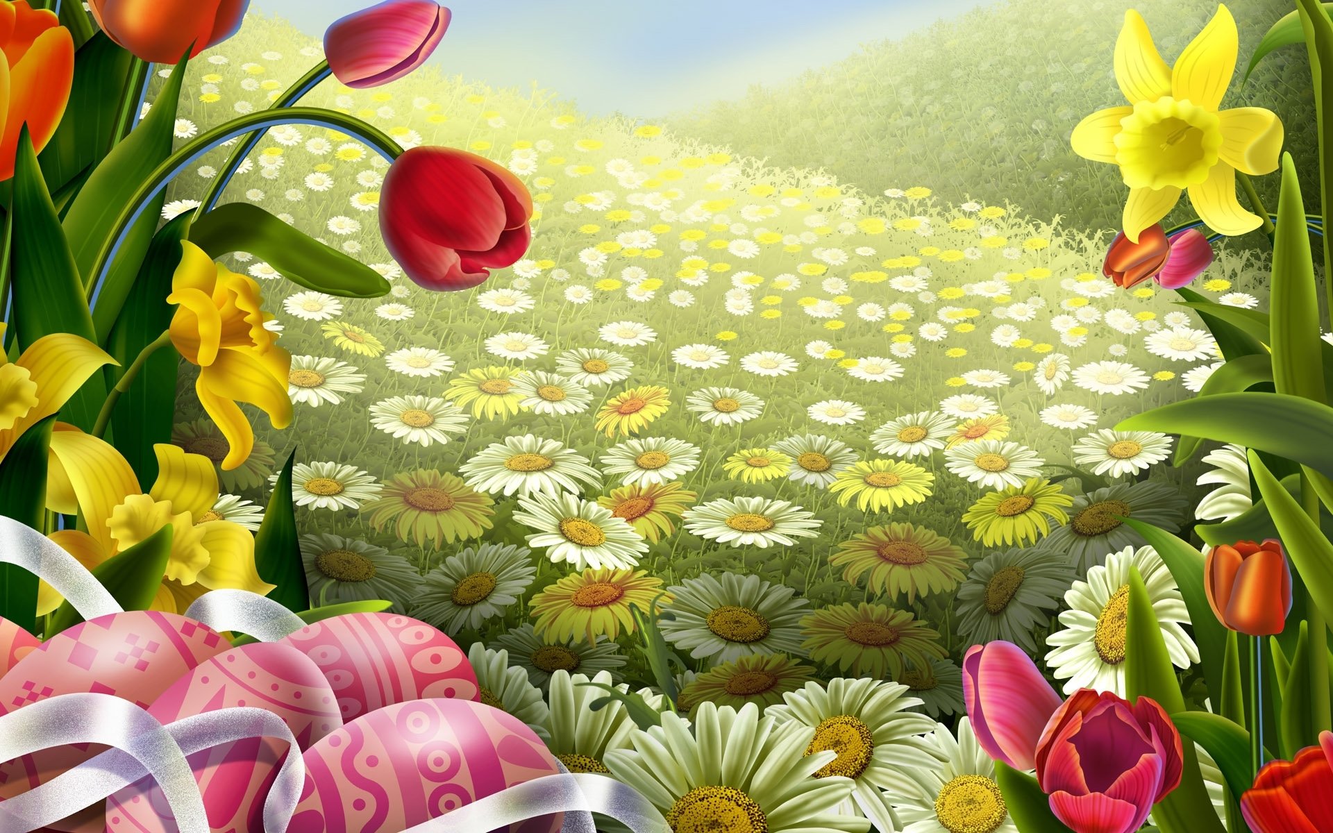 arte pascua campo margarita flores tulipán cinta